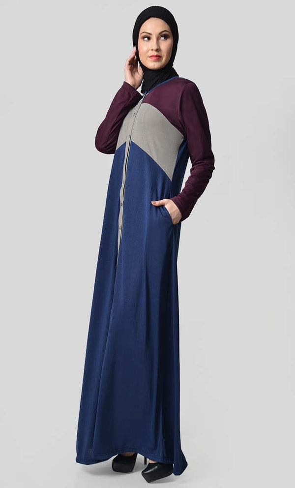 Jersey Tri Color Winter Abaya - Wine + Grey + Navy - EastEssence.com