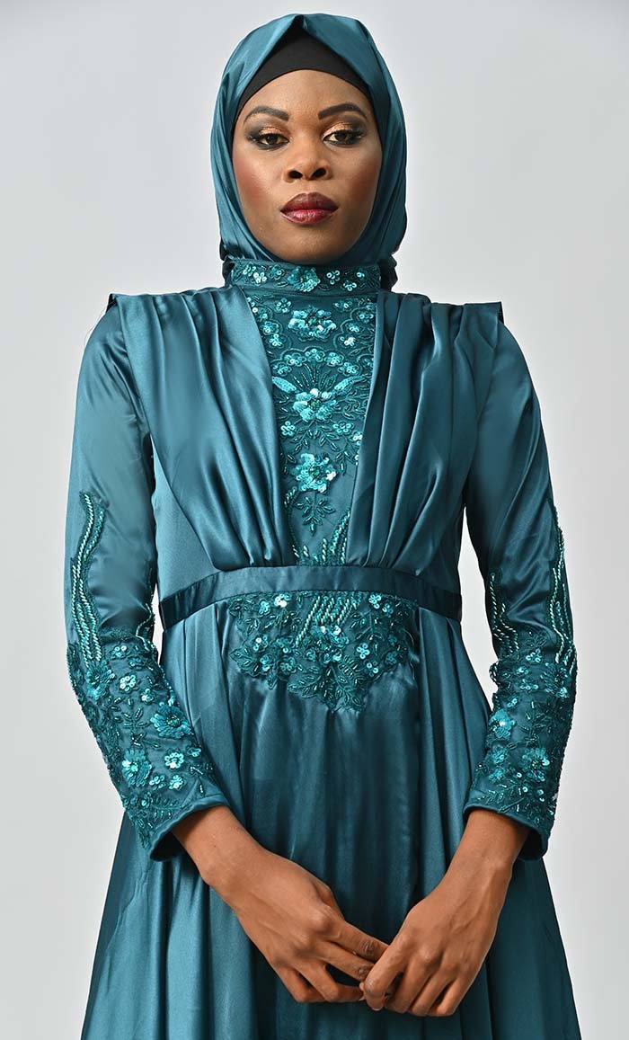 Jordan Flared Skirt With Drape Detailing And Embellished Heavy Embroidered Yoke - EastEssence.com