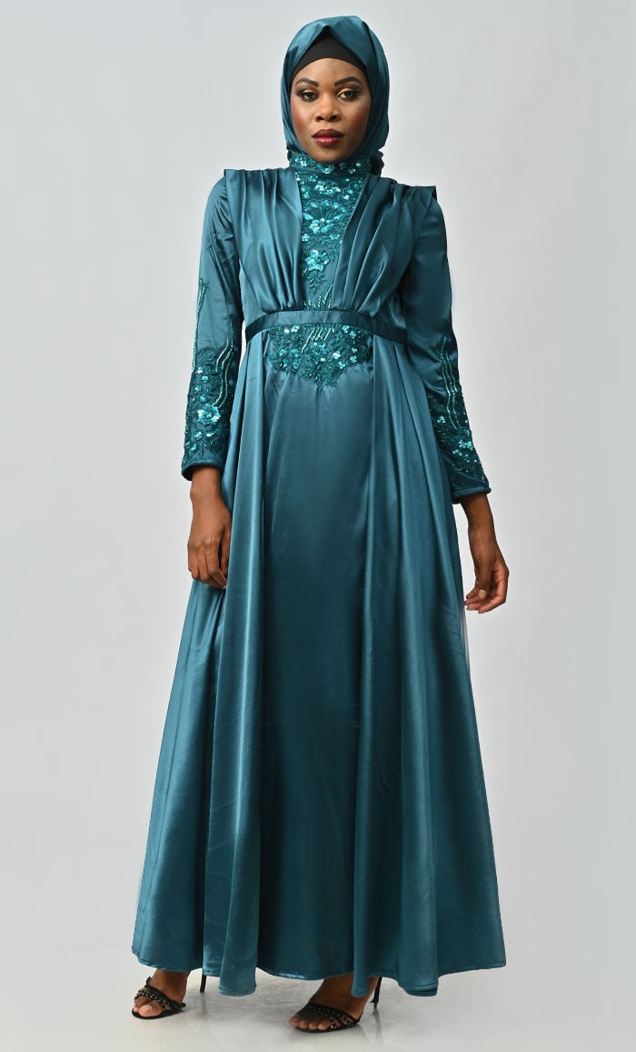 Jordan Flared Skirt With Drape Detailing And Embellished Heavy Embroidered Yoke - EastEssence.com