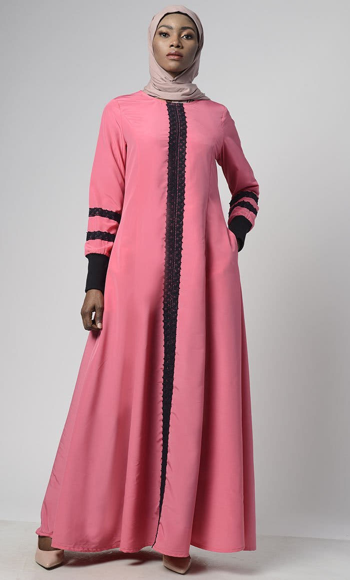 Kashibo Bishop Sleeves Front Lace Detailed Abaya with Pockets