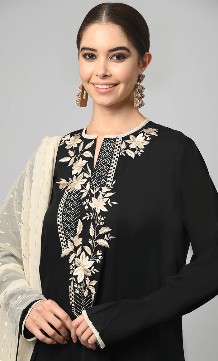Kashmiri Embroidered Black Rayon Phiran With Salwar