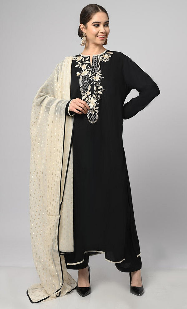 Kashmiri Embroidered Black Rayon Phiran With Salwar