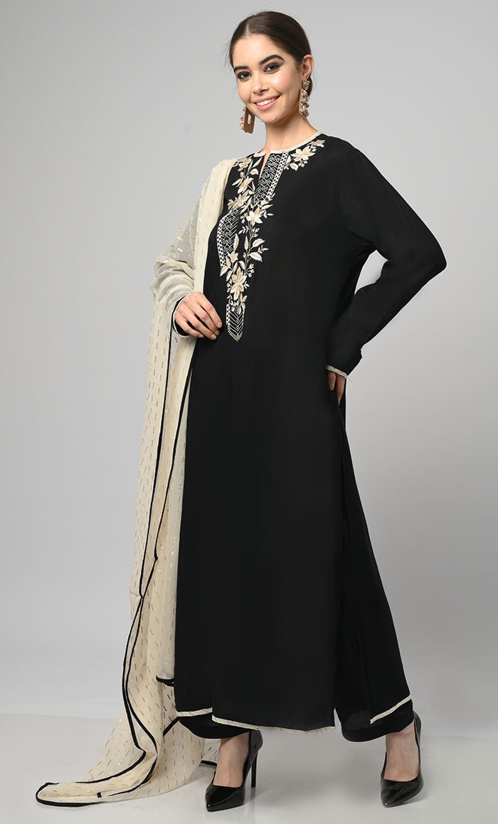 Kashmiri Embroidered Black Rayon Phiran With Salwar