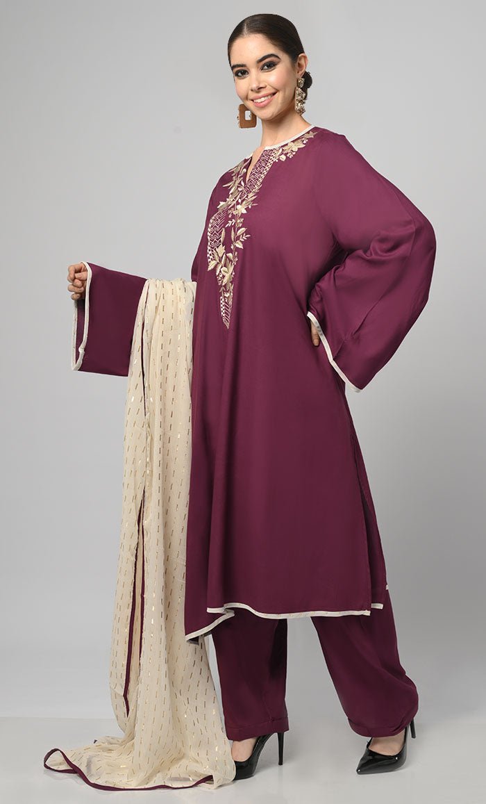 Kashmiri Embroidered Rayon Phiran With Salwar And Dupatta-Included Pockets - EastEssence.com