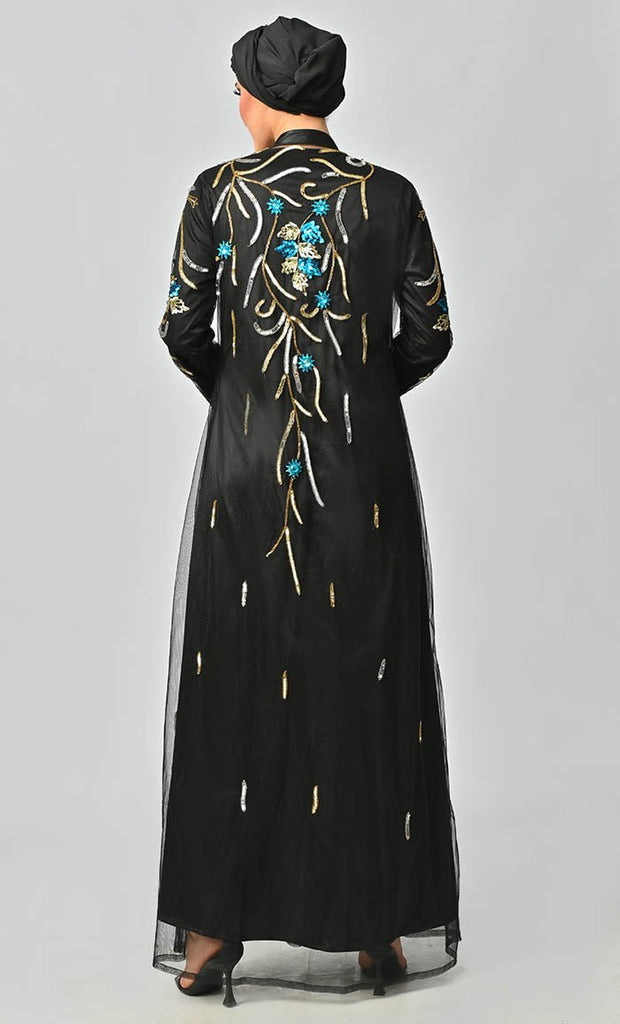 Korean Jewelled All Over Hand Embellished Royal Abaya Dress With Matching Hijab - EastEssence.com