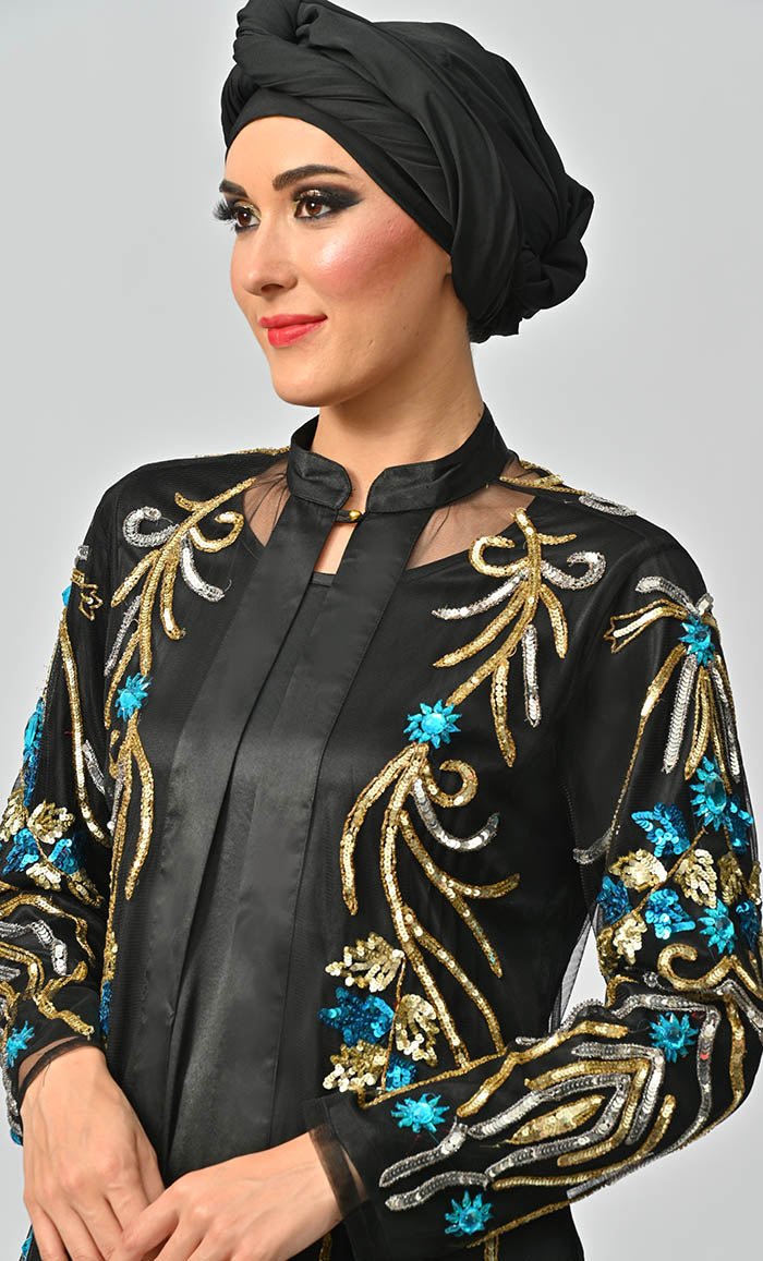 Korean Jewelled All Over Hand Embellished Royal Abaya Dress With Matching Hijab - EastEssence.com