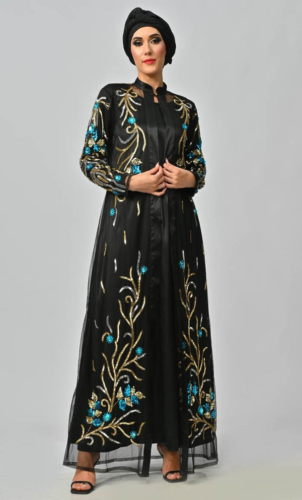 Korean Jewelled All Over Hand Embellished Royal Abaya Dress With Matching Hijab - EastEssence.com