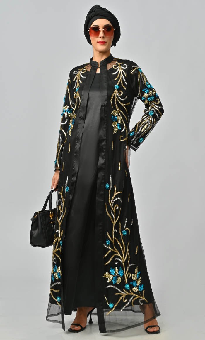 Korean Jewelled All Over Hand Embellished Royal Abaya Dress With Matching Hijab - EastEssence.com