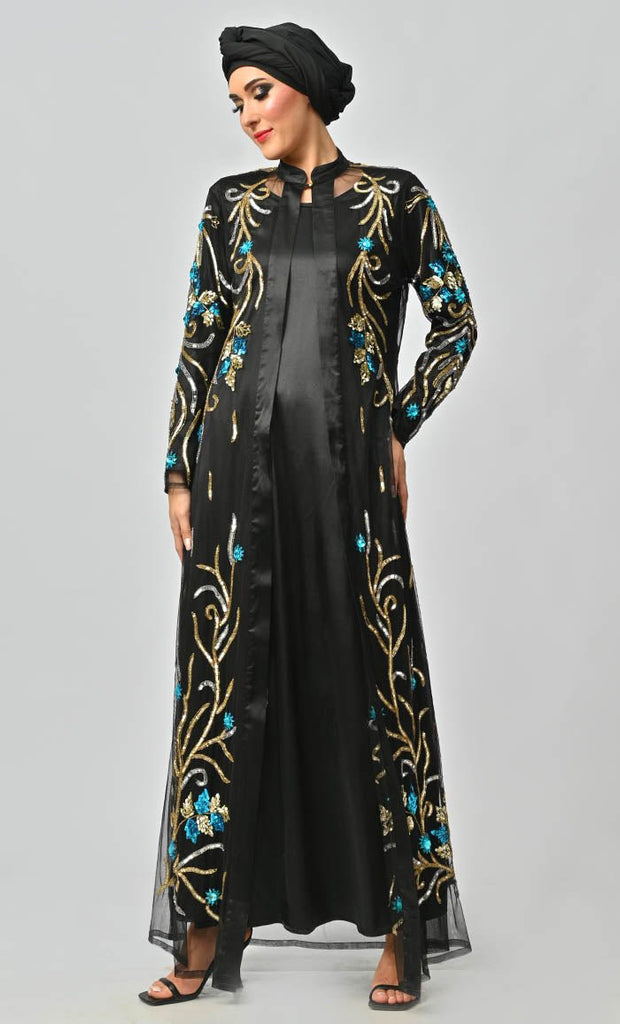 Korean Jewelled All Over Hand Embellished Royal Abaya Dress With Matching Hijab - EastEssence.com