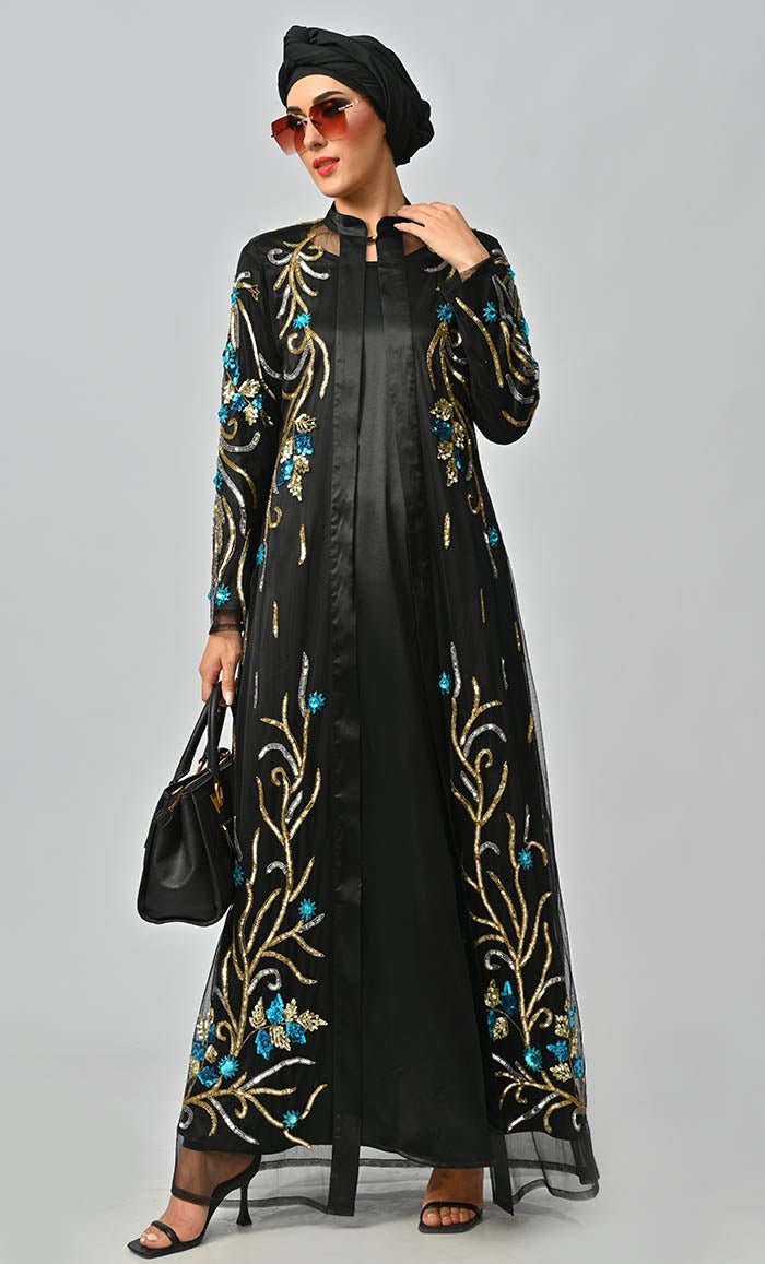 Korean Jewelled All Over Hand Embellished Royal Abaya Dress With Matching Hijab - EastEssence.com