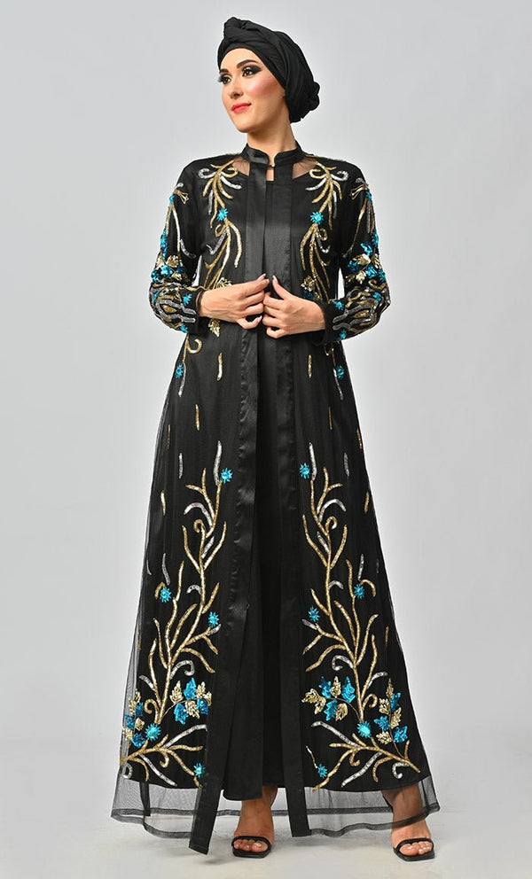 Korean Jewelled All Over Hand Embellished Royal Abaya Dress With Matching Hijab - EastEssence.com