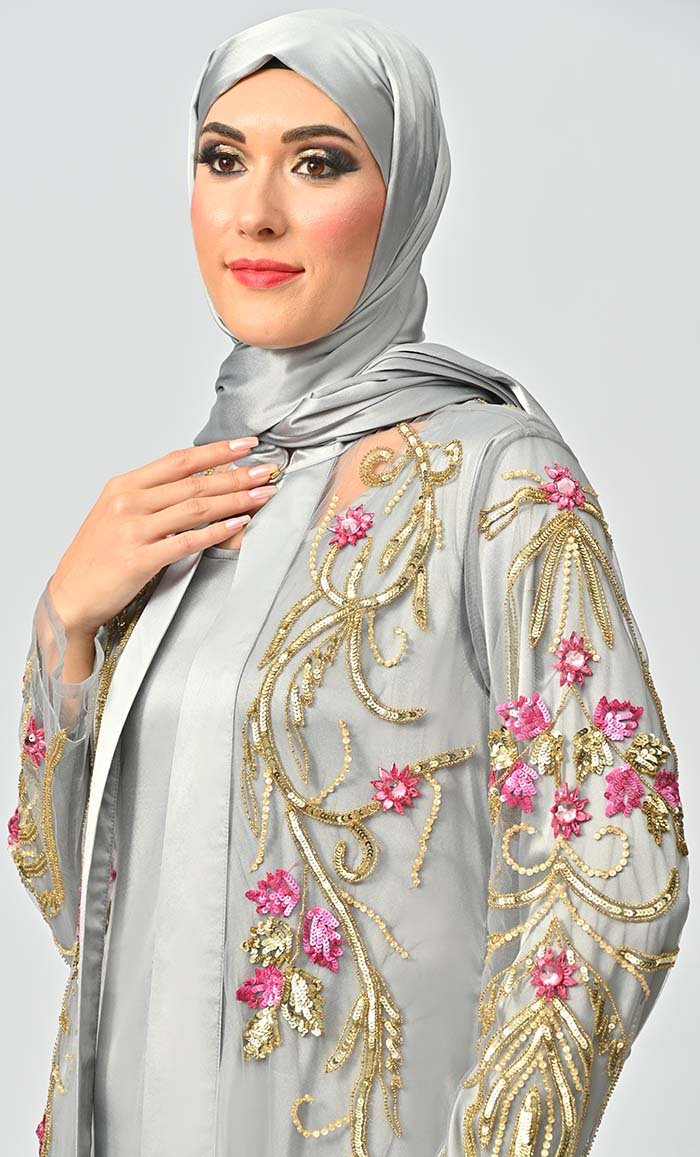Korean Silver Jewelled All Over Hand Embellished Royal Abaya Dress With Matching Hijab - EastEssence.com