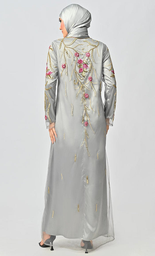 Korean Silver Jewelled All Over Hand Embellished Royal Abaya Dress With Matching Hijab - EastEssence.com