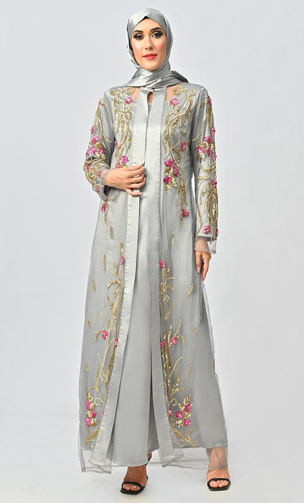 Korean Silver Jewelled All Over Hand Embellished Royal Abaya Dress With Matching Hijab - EastEssence.com
