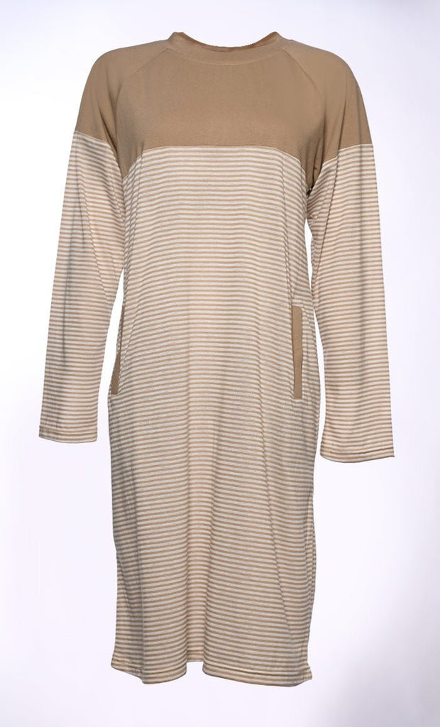 Beige Korean Striped Knitted Tunic with Pockets