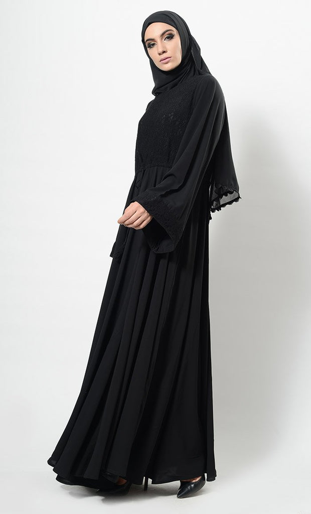 Lace Panel Flared Abaya Dress And Hijab Set - EastEssence.com