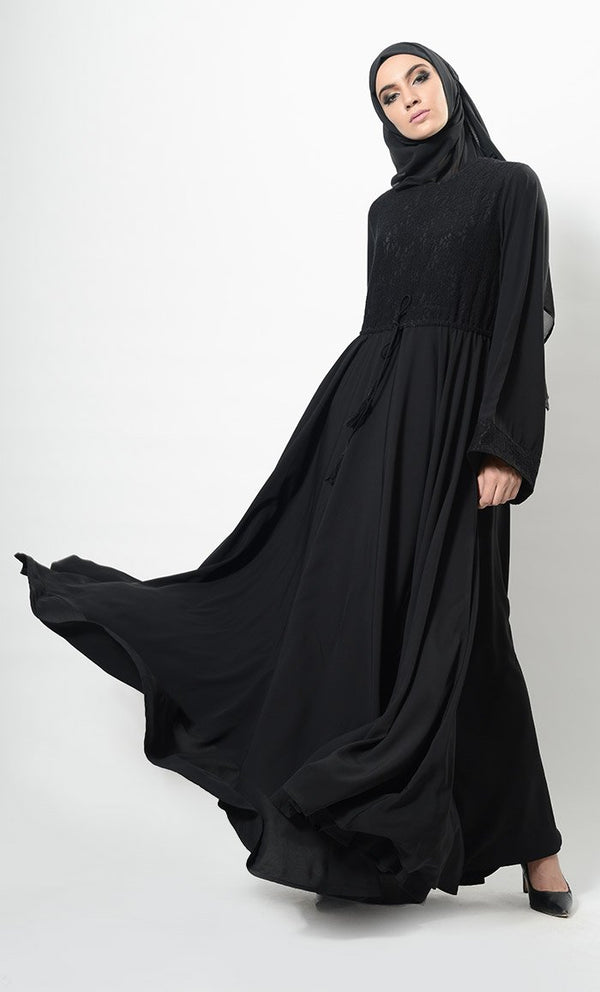 Lace Panel Flared Abaya Dress And Hijab Set - EastEssence.com