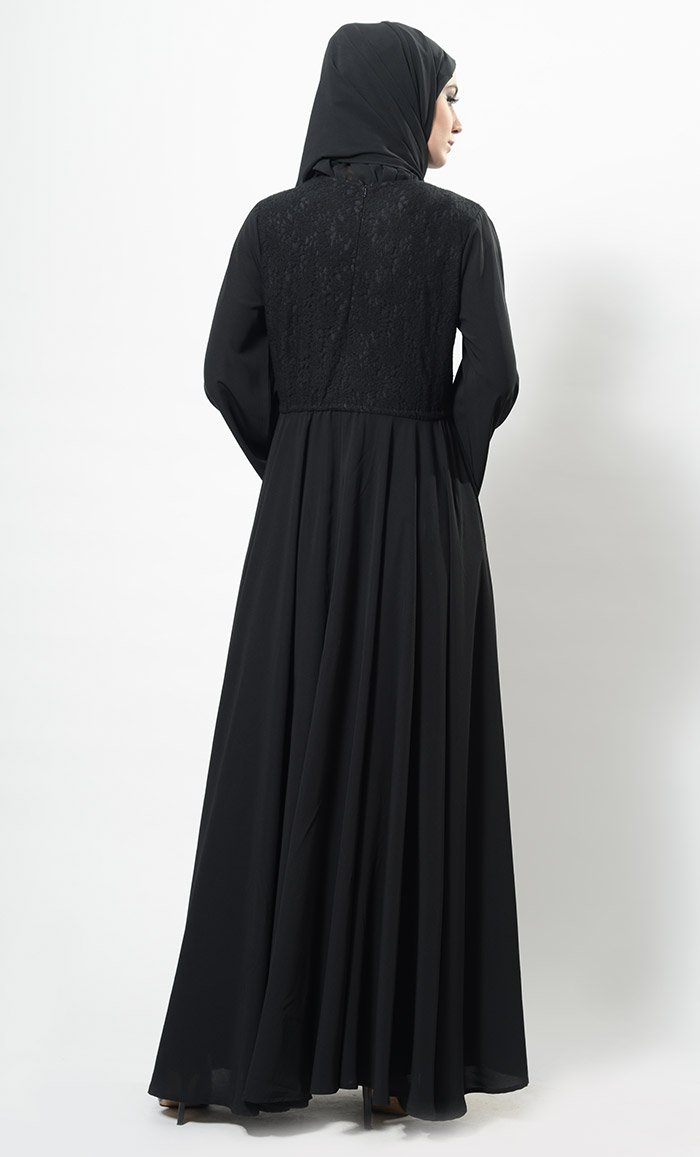 Lace Panel Flared Abaya Dress And Hijab Set - EastEssence.com