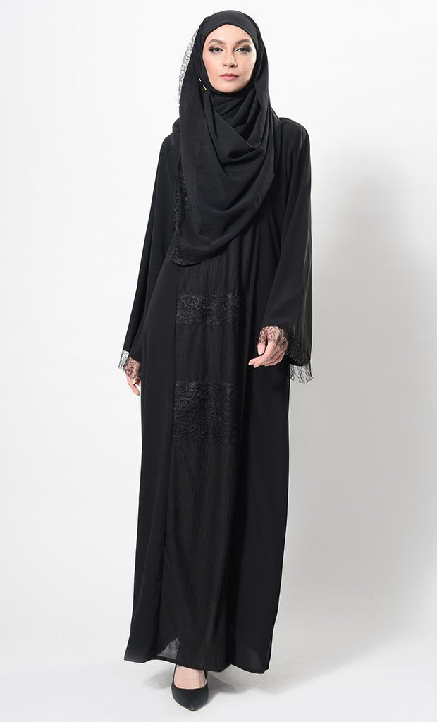 Lace Work Flared Abaya Dress And Hijab Set - EastEssence.com