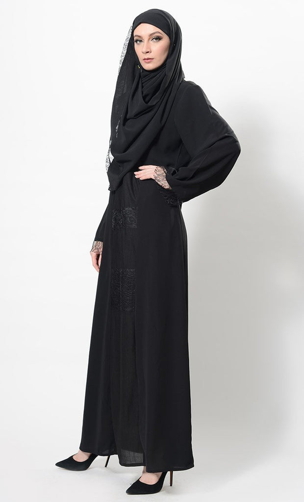 Lace Work Flared Abaya Dress And Hijab Set - EastEssence.com