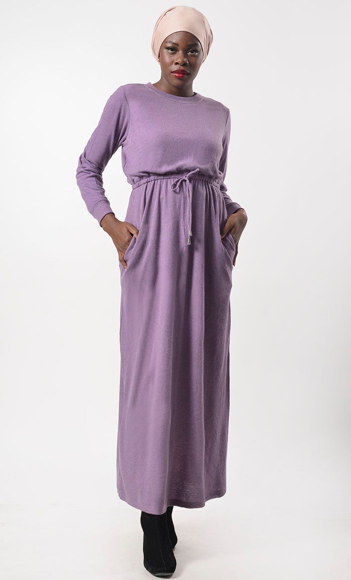 Lavender Jersey Drawstring Attached Abaya - EastEssence.com