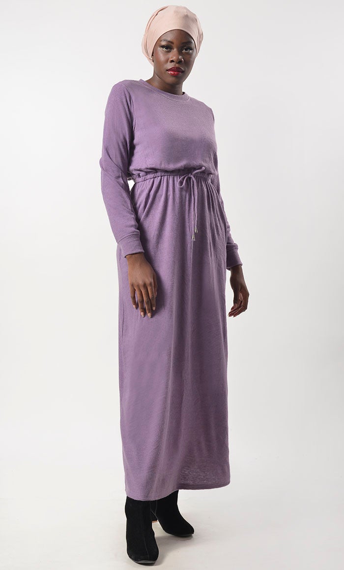 Lavender Jersey Drawstring Attached Abaya - EastEssence.com