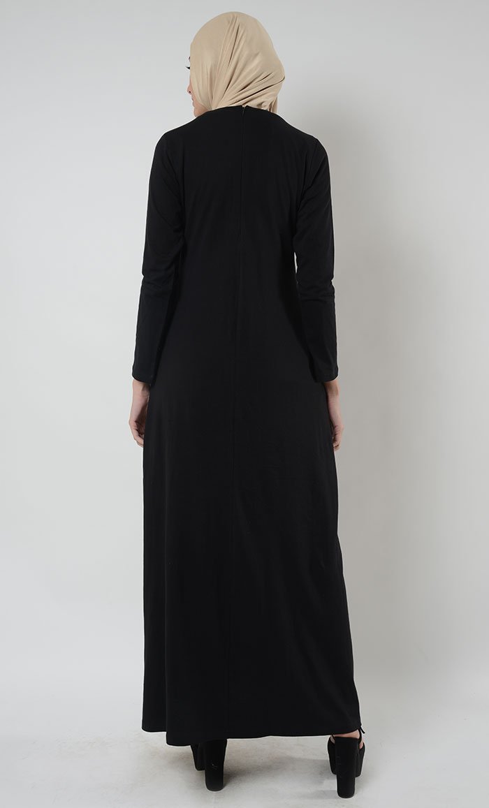Layeena Lace Trim Cotton Jersey Abaya Dress - EastEssence.com