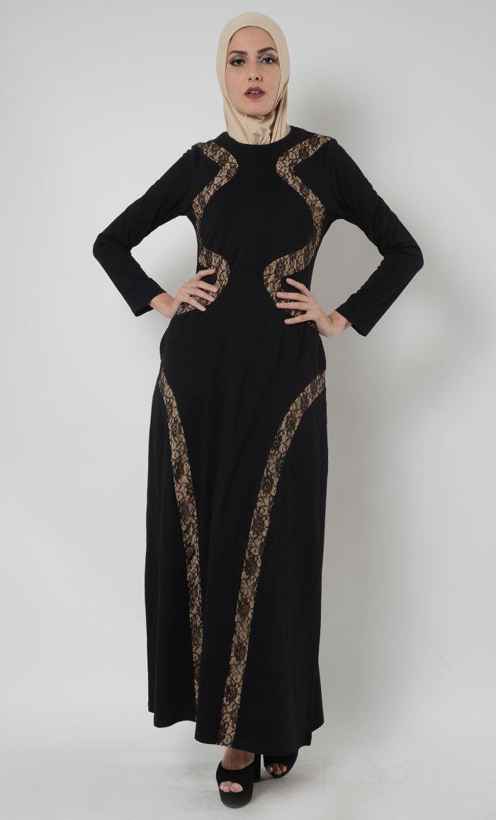 Layeena Lace Trim Cotton Jersey Abaya Dress - EastEssence.com