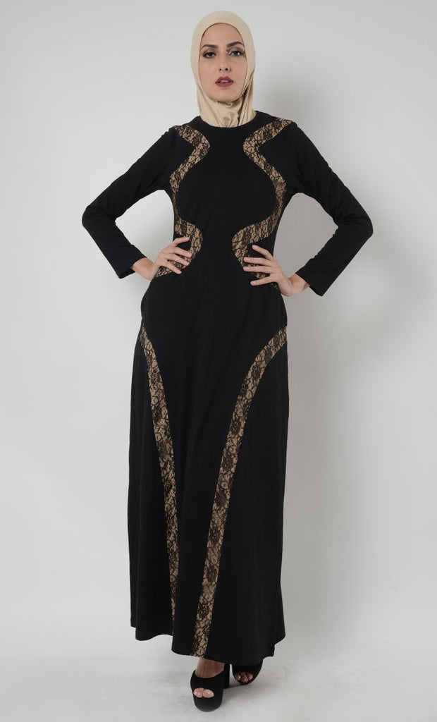 Layeena Lace Trim Cotton Jersey Abaya Dress - EastEssence.com