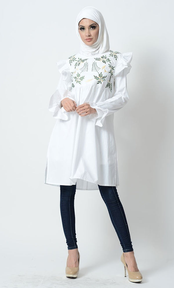 Leaf Embroidered And Ruffled Tunic - EastEssence.com