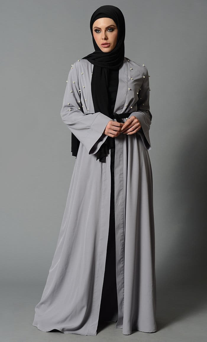 Light Grey Fancy Pearl Detail Bisht with Tie