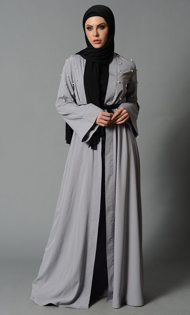 Light Grey Fancy Pearl Detail Bisht with Fabric Tie - EastEssence.com