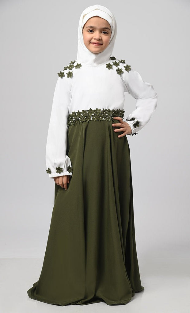 Little Girl Mariyam White & Olive Modest Abaya With Pockets - EastEssence.com