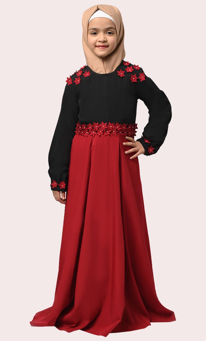 black dress with red hijab Black suit with red scarf