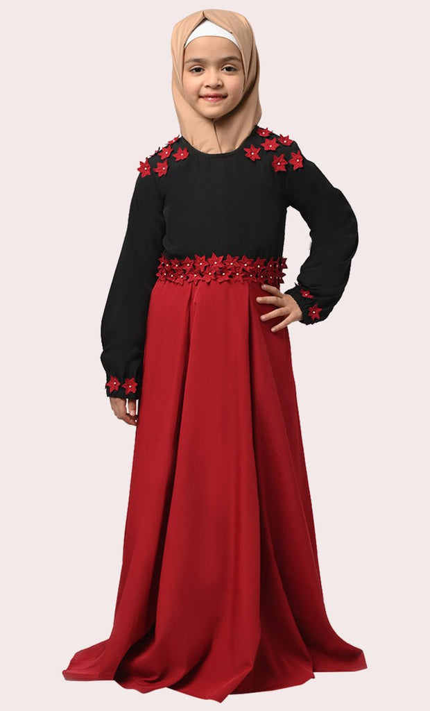 Little Girl Rihana Black & Red Modest Abaya With Pockets - EastEssence.com