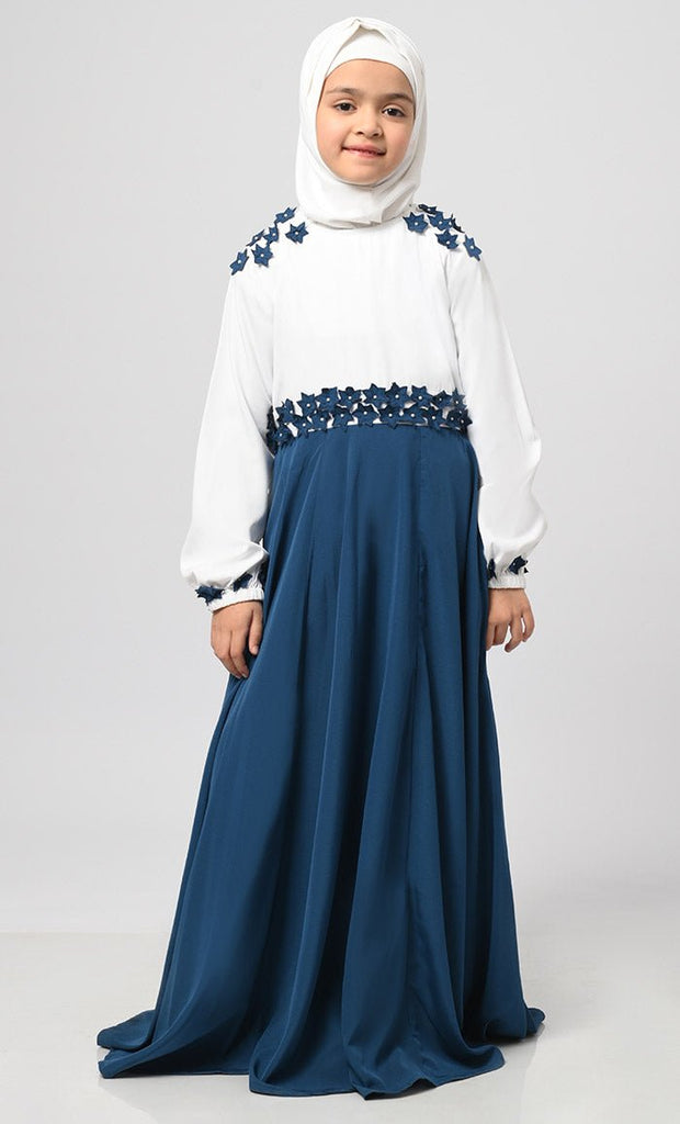 Little Girl Zahida White&Navy Modest Abaya With Pockets - EastEssence.com