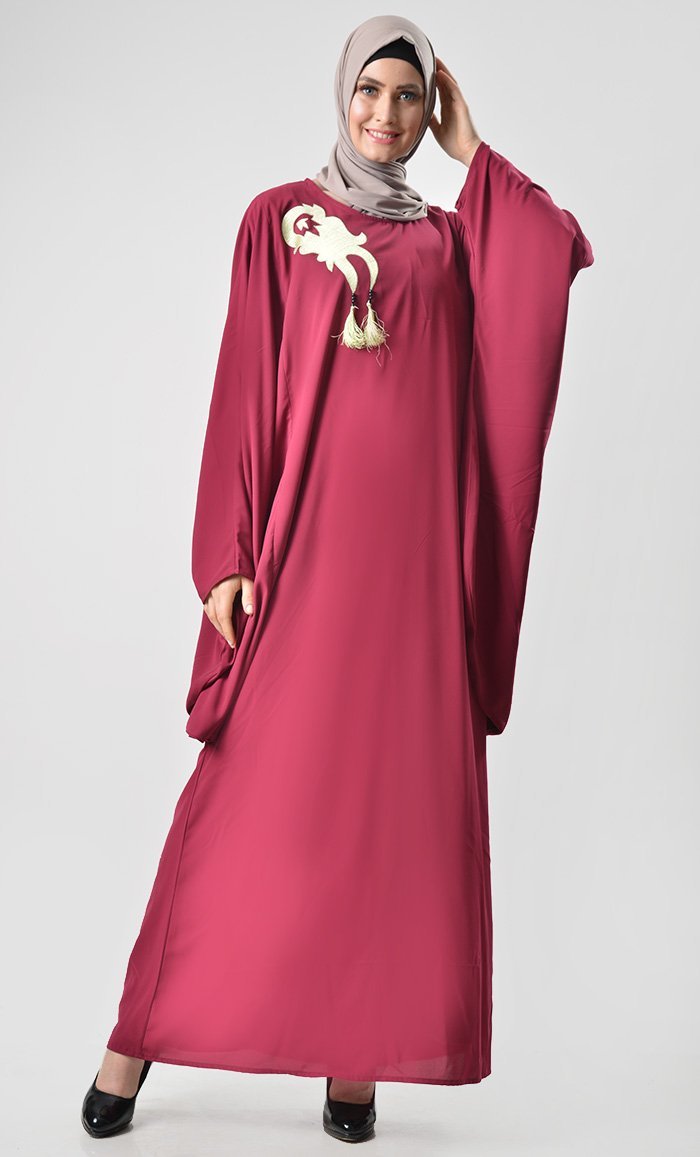 Loose Batwing Detail Abaya - Maroon - EastEssence.com