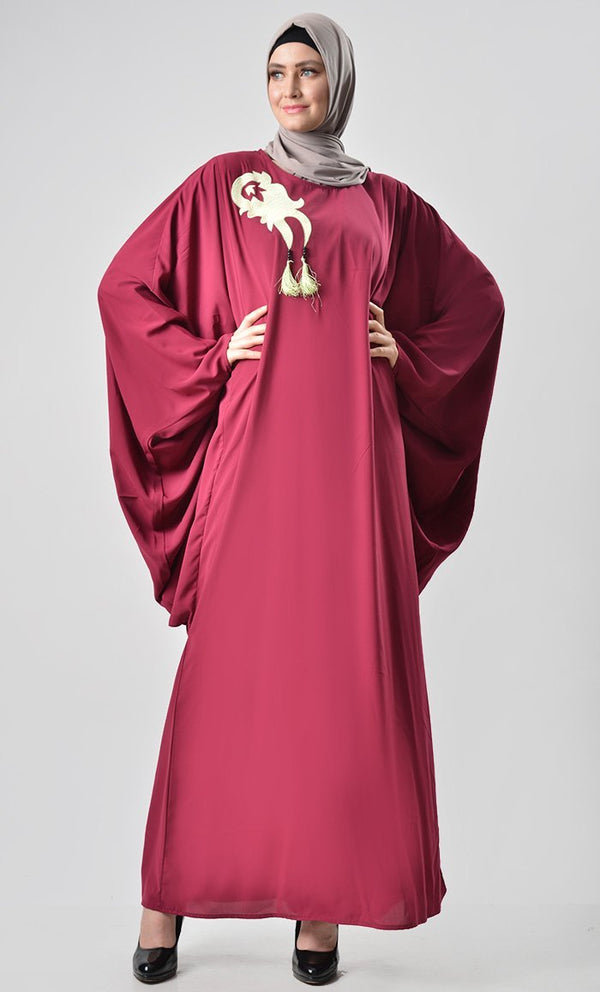 Loose Batwing Detail Abaya - Maroon - EastEssence.com