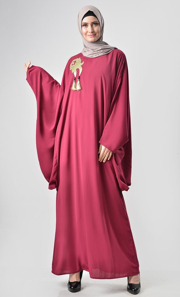 Loose Batwing Detail Abaya - Maroon - EastEssence.com