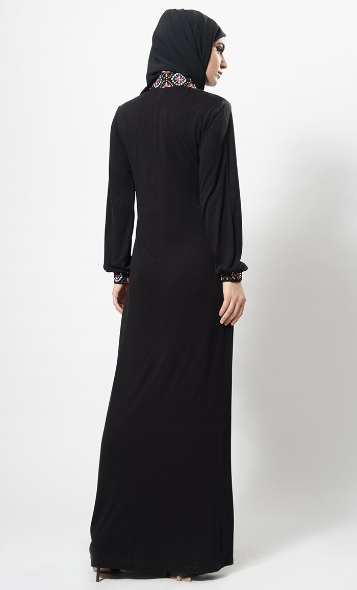 Machine Embroidered Flared Abaya Dress And Hijab Set - EastEssence.com
