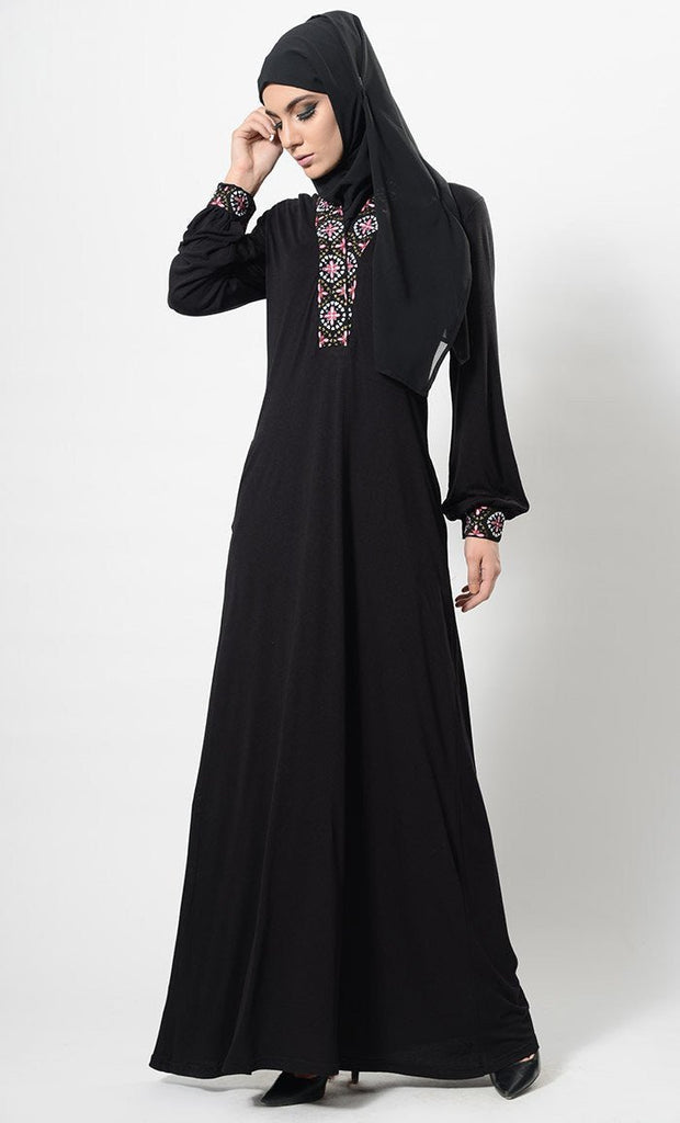 Machine Embroidered Flared Abaya Dress And Hijab Set - EastEssence.com