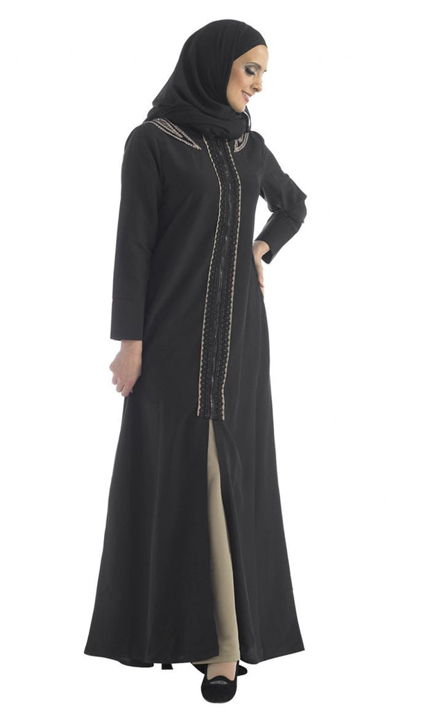 Machine embroidered trims detail A line abaya dress and flared pants set - EastEssence.com