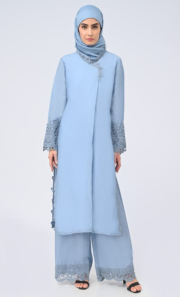 Madiha Modest Sky Blue Salwar Qameez Set With Matching Hijab - EastEssence.com