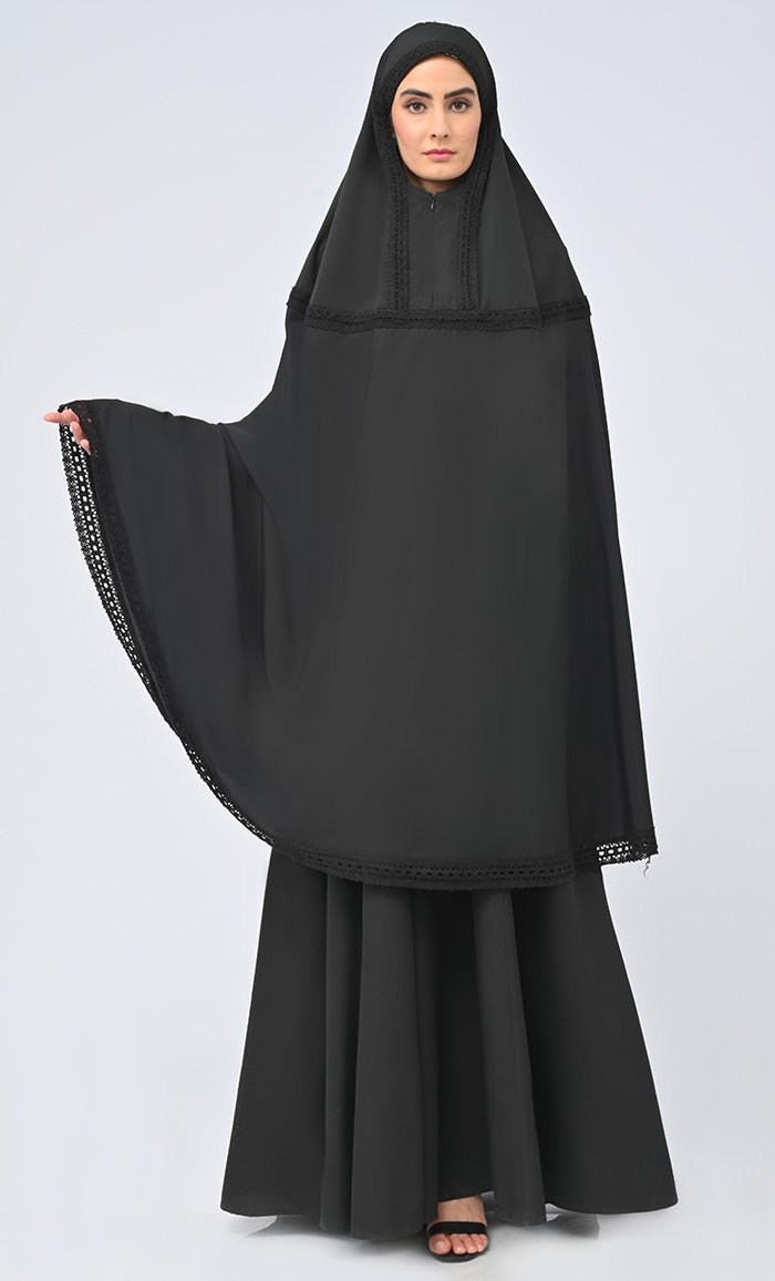 Black Lace Detailing Khimar Prayer Dress For Women