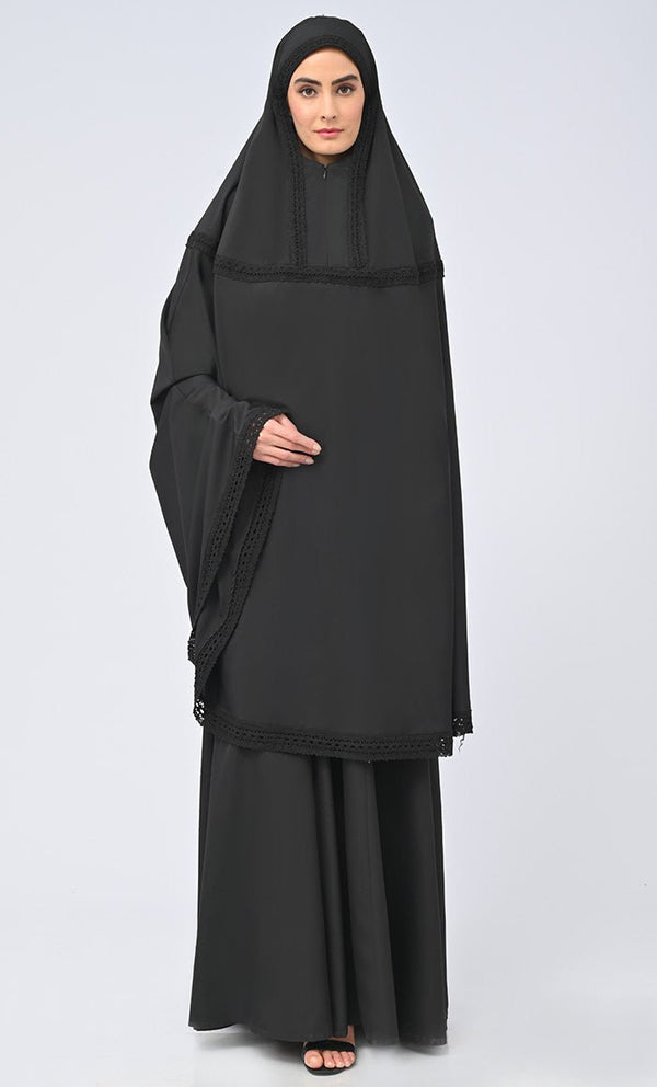Black Lace Detailing Khimar Prayer Dress For Women