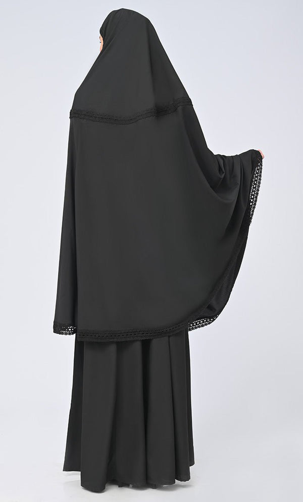 Black Lace Detailing Khimar Prayer Dress For Women