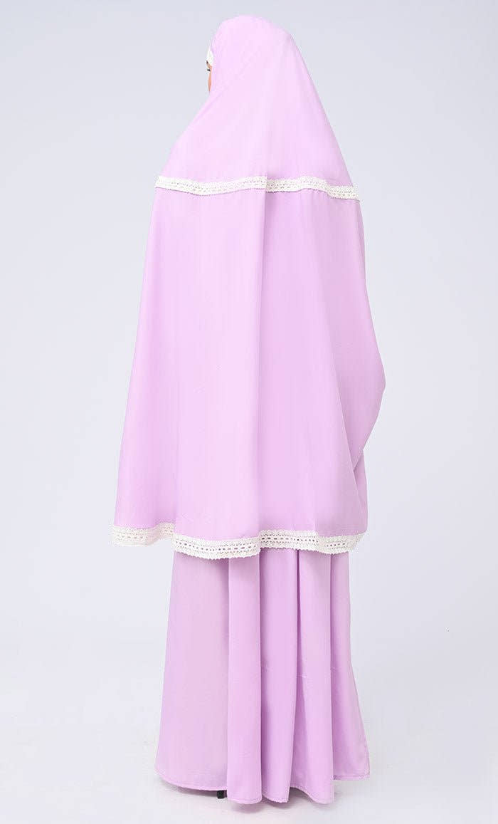 Maghrib Modest Lavender Lace Detailing Khimar Prayer Dress For Women - EastEssence.com