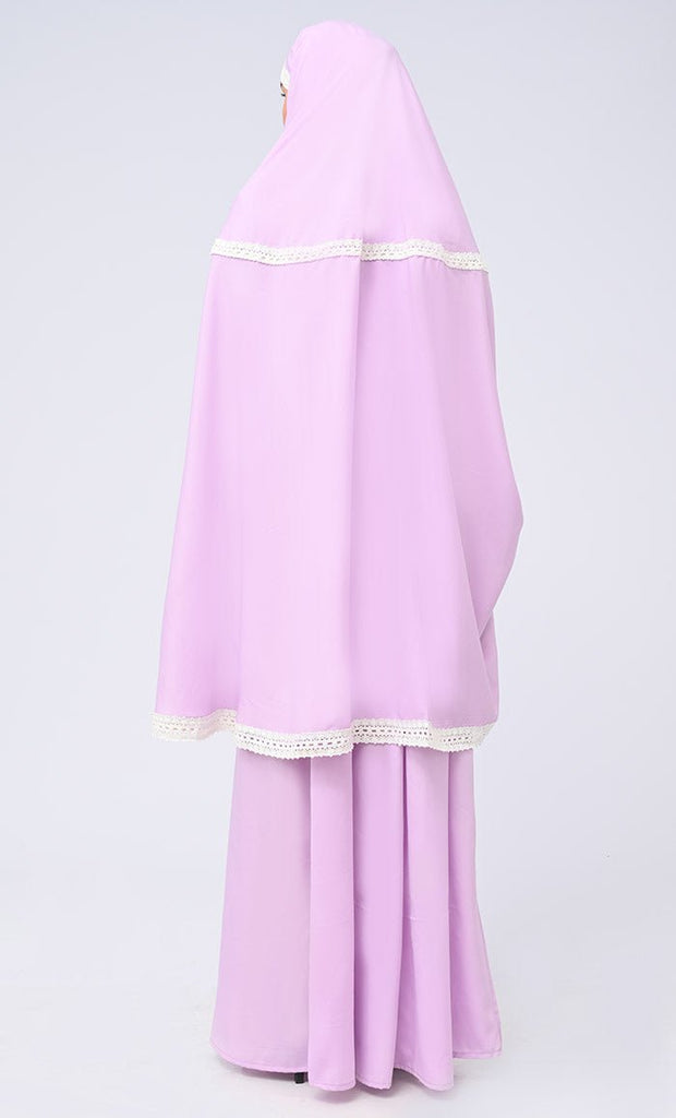 Maghrib Modest Lavender Lace Detailing Khimar Prayer Dress For Women - EastEssence.com