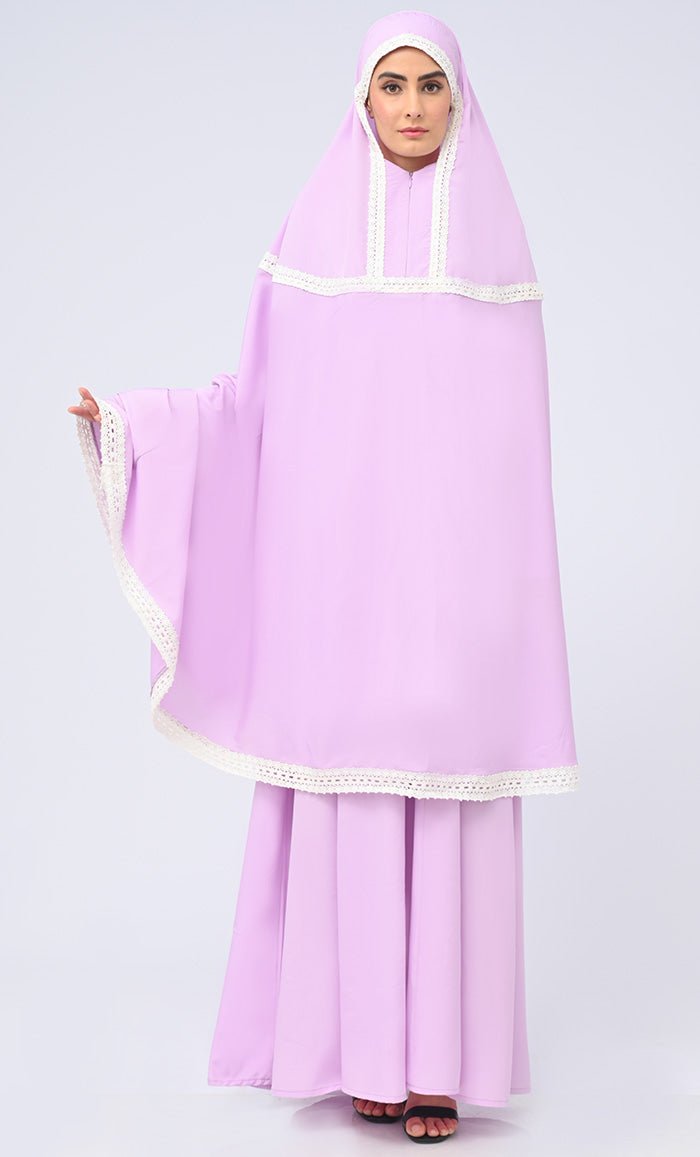 Maghrib Modest Lavender Lace Detailing Khimar Prayer Dress For Women - EastEssence.com