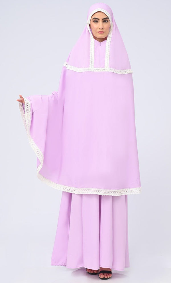 Maghrib Modest Lavender Lace Detailing Khimar Prayer Dress For Women - EastEssence.com